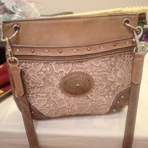 Justin Ladies Brown Lace Handbag Purse Tote Rhinestones Concho Tote Bag Purse